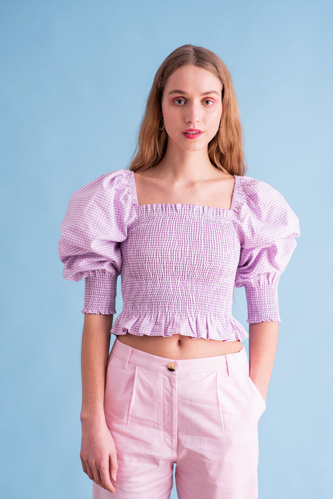Sustainable gingham puffed sleeve top