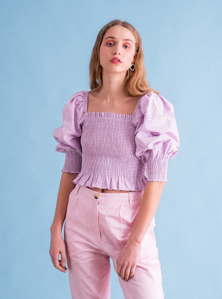 Sustainable puffed sleeve gingham top